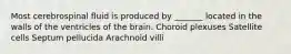 Most cerebrospinal fluid is produced by _______ located in the walls of the ventricles of the brain. Choroid plexuses Satellite cells Septum pellucida Arachnoid villi