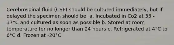 Cerebrospinal ﬂuid (CSF) should be cultured immediately, but if delayed the specimen should be: a. Incubated in Co2 at 35 - 37°C and cultured as soon as possible b. Stored at room temperature for no longer than 24 hours c. Refrigerated at 4°C to 6°C d. Frozen at -20°C