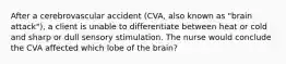 After a cerebrovascular accident (CVA, also known as "brain attack"), a client is unable to differentiate between heat or cold and sharp or dull sensory stimulation. The nurse would conclude the CVA affected which lobe of the brain?