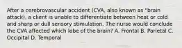 After a cerebrovascular accident (CVA, also known as "brain attack), a client is unable to differentiate between heat or cold and sharp or dull sensory stimulation. The nurse would conclude the CVA affected which lobe of the brain? A. Frontal B. Parietal C. Occipital D. Temporal