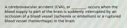 A cerebrovascular accident​ (CVA), or​ ________, occurs when the blood supply to part of the brain is suddenly interrupted by an occlusion of a blood vessel​ (ischemia or​ embolism) or a ruptured blood vessel​ (hemorrhage) in the brain.