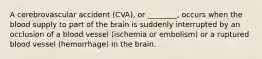 A cerebrovascular accident (CVA), or ________, occurs when the blood supply to part of the brain is suddenly interrupted by an occlusion of a blood vessel (ischemia or embolism) or a ruptured blood vessel (hemorrhage) in the brain.