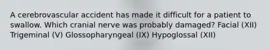 A cerebrovascular accident has made it difficult for a patient to swallow. Which cranial nerve was probably damaged? Facial (XII) Trigeminal (V) Glossopharyngeal (IX) Hypoglossal (XII)