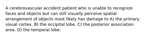 A cerebrovascular accident patient who is unable to recognize faces and objects but can still visually perceive spatial arrangement of objects most likely has damage to A) the primary visual cortex. B) the occipital lobe. C) the posterior association area. D) the temporal lobe.