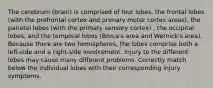 The cerebrum (brain) is comprised of four lobes, the frontal lobes (with the prefrontal cortex and primary motor cortex areas), the parietal lobes (with the primary sensory cortex) , the occipital lobes, and the temporal lobes (Broca's area and Wernick's area). Because there are two hemispheres, the lobes comprise both a left-side and a right-side involvement. Injury to the different lobes may cause many different problems. Correctly match below the individual lobes with their corresponding injury symptoms.