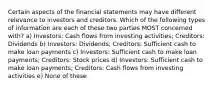 Certain aspects of the financial statements may have different relevance to investors and creditors. Which of the following types of information are each of these two parties MOST concerned with? a) Investors: Cash flows from investing activities; Creditors: Dividends b) Investors: Dividends; Creditors: Sufficient cash to make loan payments c) Investors: Sufficient cash to make loan payments; Creditors: Stock prices d) Investors: Sufficient cash to make loan payments; Creditors: Cash flows from investing activities e) None of these