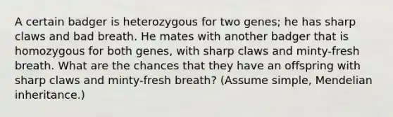 A certain badger is heterozygous for two genes; he has sharp claws and bad breath. He mates with another badger that is homozygous for both genes, with sharp claws and minty-fresh breath. What are the chances that they have an offspring with sharp claws and minty-fresh breath? (Assume simple, Mendelian inheritance.)