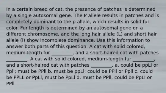 In a certain breed of cat, the presence of patches is determined by a single autosomal gene. The P allele results in patches and is completely dominant to the p allele, which results in solid fur color. Fur length is determined by an autosomal gene on a different chromosome, and the long hair allele (L) and short hair allele (l) show incomplete dominance. Use this information to answer both parts of this question. A cat with solid colored, medium-length fur _________, and a short-haired cat with patches _________. A cat with solid colored, medium-length fur _________, and a short-haired cat with patches _________. a. could be ppLl or Ppll; must be PPll b. must be ppLl; could be PPll or Ppll c. could be PPLL or PpLl; must be PpLl d. must be PPll; could be PpLl or PPll