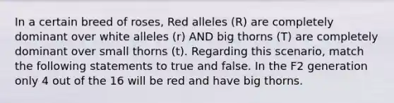 In a certain breed of roses, Red alleles (R) are completely dominant over white alleles (r) AND big thorns (T) are completely dominant over small thorns (t). Regarding this scenario, match the following statements to true and false. In the F2 generation only 4 out of the 16 will be red and have big thorns.