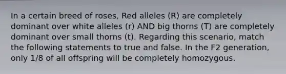 In a certain breed of roses, Red alleles (R) are completely dominant over white alleles (r) AND big thorns (T) are completely dominant over small thorns (t). Regarding this scenario, match the following statements to true and false. In the F2 generation, only 1/8 of all offspring will be completely homozygous.