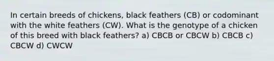 In certain breeds of chickens, black feathers (CB) or codominant with the white feathers (CW). What is the genotype of a chicken of this breed with black feathers? a) CBCB or CBCW b) CBCB c) CBCW d) CWCW