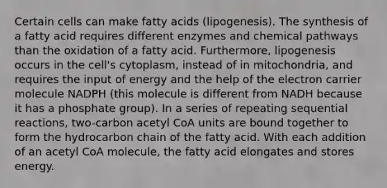 Certain cells can make fatty acids (lipogenesis). The synthesis of a fatty acid requires different enzymes and chemical pathways than the oxidation of a fatty acid. Furthermore, lipogenesis occurs in the cell's cytoplasm, instead of in mitochondria, and requires the input of energy and the help of the electron carrier molecule NADPH (this molecule is different from NADH because it has a phosphate group). In a series of repeating sequential reactions, two-carbon acetyl CoA units are bound together to form the hydrocarbon chain of the fatty acid. With each addition of an acetyl CoA molecule, the fatty acid elongates and stores energy.