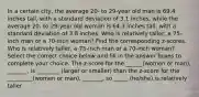 In a certain​ city, the average​ 20- to​ 29-year old man is 69.4 inches​ tall, with a standard deviation of 3.1 ​inches, while the average​ 20- to​ 29-year old woman is 64.3 inches​ tall, with a standard deviation of 3.8 inches. Who is relatively​ taller, a​ 75-inch man or a​ 70-inch woman? Find the corresponding​ z-scores. Who is relatively​ taller, a​ 75-inch man or a​ 70-inch woman? Select the correct choice below and fill in the answer boxes to complete your choice. The z-score for the ______(women or man), _______, is ________ (larger or smaller) than the z-score for the _________(women or man), _______, so _____ (he/she) is relatively taller