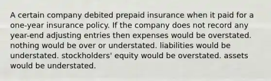 A certain company debited prepaid insurance when it paid for a one-year insurance policy. If the company does not record any year-end adjusting entries then expenses would be overstated. nothing would be over or understated. liabilities would be understated. stockholders' equity would be overstated. assets would be understated.