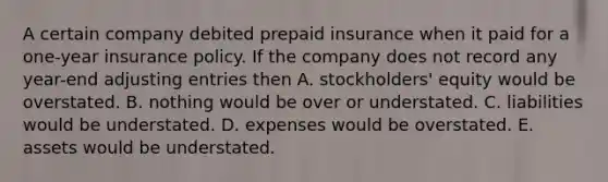 A certain company debited prepaid insurance when it paid for a one-year insurance policy. If the company does not record any year-end <a href='https://www.questionai.com/knowledge/kGxhM5fzgy-adjusting-entries' class='anchor-knowledge'>adjusting entries</a> then A. stockholders' equity would be overstated. B. nothing would be over or understated. C. liabilities would be understated. D. expenses would be overstated. E. assets would be understated.