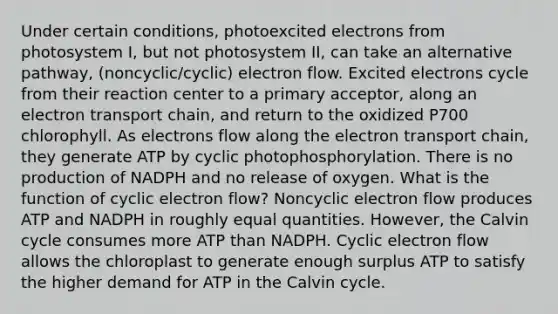 Under certain conditions, photoexcited electrons from photosystem I, but not photosystem II, can take an alternative pathway, (noncyclic/cyclic) electron flow. Excited electrons cycle from their reaction center to a primary acceptor, along an electron transport chain, and return to the oxidized P700 chlorophyll. As electrons flow along the electron transport chain, they generate ATP by cyclic photophosphorylation. There is no production of NADPH and no release of oxygen. What is the function of cyclic electron flow? Noncyclic electron flow produces ATP and NADPH in roughly equal quantities. However, the Calvin cycle consumes more ATP than NADPH. Cyclic electron flow allows the chloroplast to generate enough surplus ATP to satisfy the higher demand for ATP in the Calvin cycle.