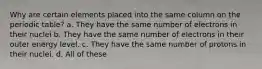 Why are certain elements placed into the same column on the periodic table? a. They have the same number of electrons in their nuclei b. They have the same number of electrons in their outer energy level. c. They have the same number of protons in their nuclei. d. All of these