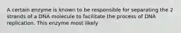A certain enzyme is known to be responsible for separating the 2 strands of a DNA molecule to facilitate the process of DNA replication. This enzyme most likely