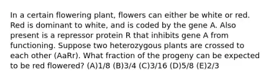 In a certain flowering plant, flowers can either be white or red. Red is dominant to white, and is coded by the gene A. Also present is a repressor protein R that inhibits gene A from functioning. Suppose two heterozygous plants are crossed to each other (AaRr). What fraction of the progeny can be expected to be red flowered? (A)1/8 (B)3/4 (C)3/16 (D)5/8 (E)2/3