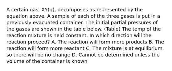 A certain gas, XY(g), decomposes as represented by the equation above. A sample of each of the three gases is put in a previously evacuated container. The initial partial pressures of the gases are shown in the table below. (Table) The temp of the reaction mixture is held constant. In which direction will the reaction proceed? A. The reaction will form more products B. The reaction will form more reactant C. The mixture is at equilibrium, so there will be no change D. Cannot be determined unless the volume of the container is known