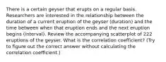 There is a certain geyser that erupts on a regular basis. Researchers are interested in the relationship between the duration of a current eruption of the geyser​ (duration) and the time between when that eruption ends and the next eruption begins​ (interval). Review the accompanying scatterplot of 222 eruptions of the geyser. What is the correlation​ coefficient? (Try to figure out the correct answer without calculating the correlation​ coefficient.)