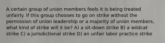 A certain group of union members feels it is being treated unfairly. If this group chooses to go on strike without the permission of union leadership or a majority of union members, what kind of strike will it be? A) a sit-down strike B) a wildcat strike C) a jurisdictional strike D) an unfair labor practice strike