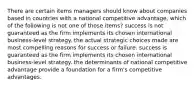 There are certain items managers should know about companies based in countries with a national competitive advantage, which of the following is not one of those items? success is not guaranteed as the firm implements its chosen international business-level strategy. the actual strategic choices made are most compelling reasons for success or failure. success is guaranteed as the firm implements its chosen international business-level strategy. the determinants of national competitive advantage provide a foundation for a firm's competitive advantages.