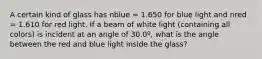 A certain kind of glass has nblue = 1.650 for blue light and nred = 1.610 for red light. If a beam of white light (containing all colors) is incident at an angle of 30.0º, what is the angle between the red and blue light inside the glass?