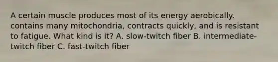 A certain muscle produces most of its energy aerobically. contains many mitochondria, contracts quickly, and is resistant to fatigue. What kind is it? A. slow-twitch fiber B. intermediate-twitch fiber C. fast-twitch fiber