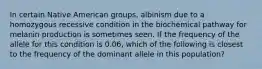 In certain Native American groups, albinism due to a homozygous recessive condition in the biochemical pathway for melanin production is sometimes seen. If the frequency of the allele for this condition is 0.06, which of the following is closest to the frequency of the dominant allele in this population?