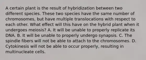 A certain plant is the result of hybridization between two different species. These two species have the same number of chromosomes, but have multiple translocations with respect to each other. What effect will this have on the hybrid plant when it undergoes meiosis? A. It will be unable to properly replicate its DNA. B. It will be unable to properly undergo synapsis. C. The spindle fibers will not be able to attach to the chromosomes. D. Cytokinesis will not be able to occur properly, resulting in multinucleate cells.