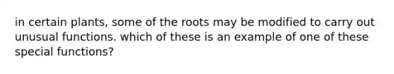 in certain plants, some of the roots may be modified to carry out unusual functions. which of these is an example of one of these special functions?