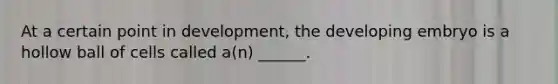 At a certain point in development, the developing embryo is a hollow ball of cells called a(n) ______.