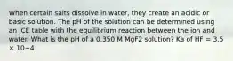 When certain salts dissolve in water, they create an acidic or basic solution. The pH of the solution can be determined using an ICE table with the equilibrium reaction between the ion and water. What is the pH of a 0.350 M MgF2 solution? Ka of HF = 3.5 × 10−4