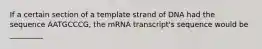 If a certain section of a template strand of DNA had the sequence AATGCCCG, the mRNA transcript's sequence would be _________