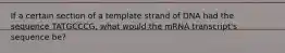 If a certain section of a template strand of DNA had the sequence TATGCCCG, what would the mRNA transcript's sequence be?