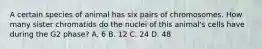 A certain species of animal has six pairs of chromosomes. How many sister chromatids do the nuclei of this animal's cells have during the G2 phase? A. 6 B. 12 C. 24 D. 48