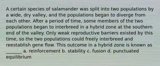 A certain species of salamander was split into two populations by a wide, dry valley, and the populations began to diverge from each other. After a period of time, some members of the two populations began to interbreed in a hybrid zone at the southern end of the valley. Only weak reproductive barriers existed by this time, so the two populations could freely interbreed and reestablish gene flow. This outcome in a hybrid zone is known as _______ a. reinforcement b. stability c. fusion d. punctuated equilibrium