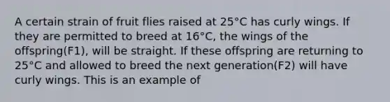 A certain strain of fruit flies raised at 25°C has curly wings. If they are permitted to breed at 16°C, the wings of the offspring(F1), will be straight. If these offspring are returning to 25°C and allowed to breed the next generation(F2) will have curly wings. This is an example of