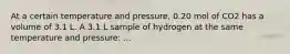 At a certain temperature and pressure, 0.20 mol of CO2 has a volume of 3.1 L. A 3.1 L sample of hydrogen at the same temperature and pressure: ...