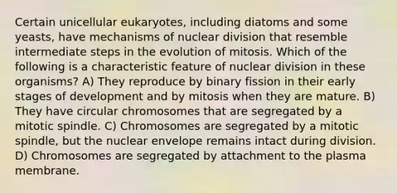 Certain unicellular eukaryotes, including diatoms and some yeasts, have mechanisms of nuclear division that resemble intermediate steps in the evolution of mitosis. Which of the following is a characteristic feature of nuclear division in these organisms? A) They reproduce by binary fission in their early stages of development and by mitosis when they are mature. B) They have circular chromosomes that are segregated by a mitotic spindle. C) Chromosomes are segregated by a mitotic spindle, but the nuclear envelope remains intact during division. D) Chromosomes are segregated by attachment to the plasma membrane.