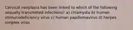 Cervical neoplasia has been linked to which of the following sexually transmitted infections? a) chlamydia b) human immunodeficiency virus c) human papillomavirus d) herpes simplex virus