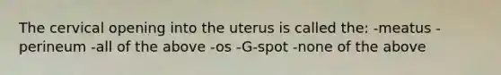 The cervical opening into the uterus is called the: -meatus -perineum -all of the above -os -G-spot -none of the above