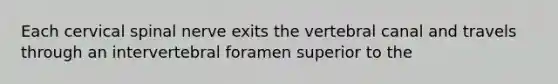 Each cervical spinal nerve exits the vertebral canal and travels through an intervertebral foramen superior to the