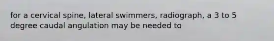 for a cervical spine, lateral swimmers, radiograph, a 3 to 5 degree caudal angulation may be needed to