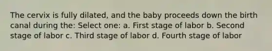 The cervix is fully dilated, and the baby proceeds down the birth canal during the: Select one: a. First stage of labor b. Second stage of labor c. Third stage of labor d. Fourth stage of labor