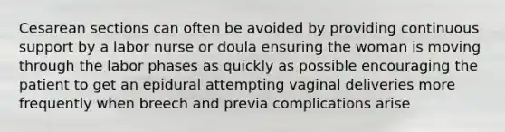 Cesarean sections can often be avoided by providing continuous support by a labor nurse or doula ensuring the woman is moving through the labor phases as quickly as possible encouraging the patient to get an epidural attempting vaginal deliveries more frequently when breech and previa complications arise