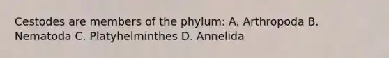 Cestodes are members of the phylum: A. Arthropoda B. Nematoda C. Platyhelminthes D. Annelida