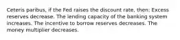 Ceteris paribus, if the Fed raises the discount rate, then: Excess reserves decrease. The lending capacity of the banking system increases. The incentive to borrow reserves decreases. The money multiplier decreases.