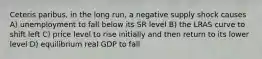 Ceteris paribus, in the long run, a negative supply shock causes A) unemployment to fall below its SR level B) the LRAS curve to shift left C) price level to rise initially and then return to its lower level D) equilibrium real GDP to fall